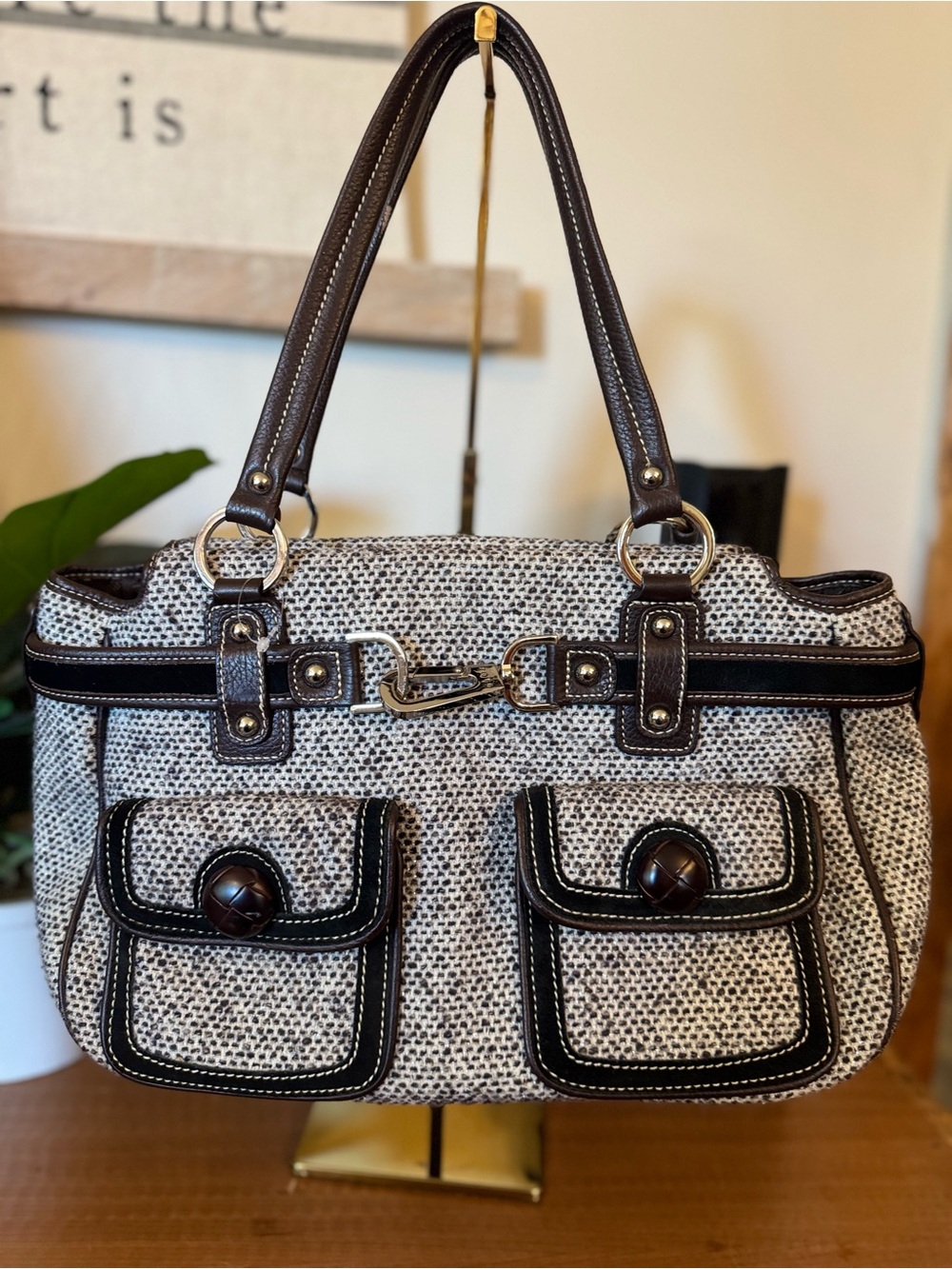 Rafe New York Woven Cream and Brown Shoulder Bag with Front Pockets